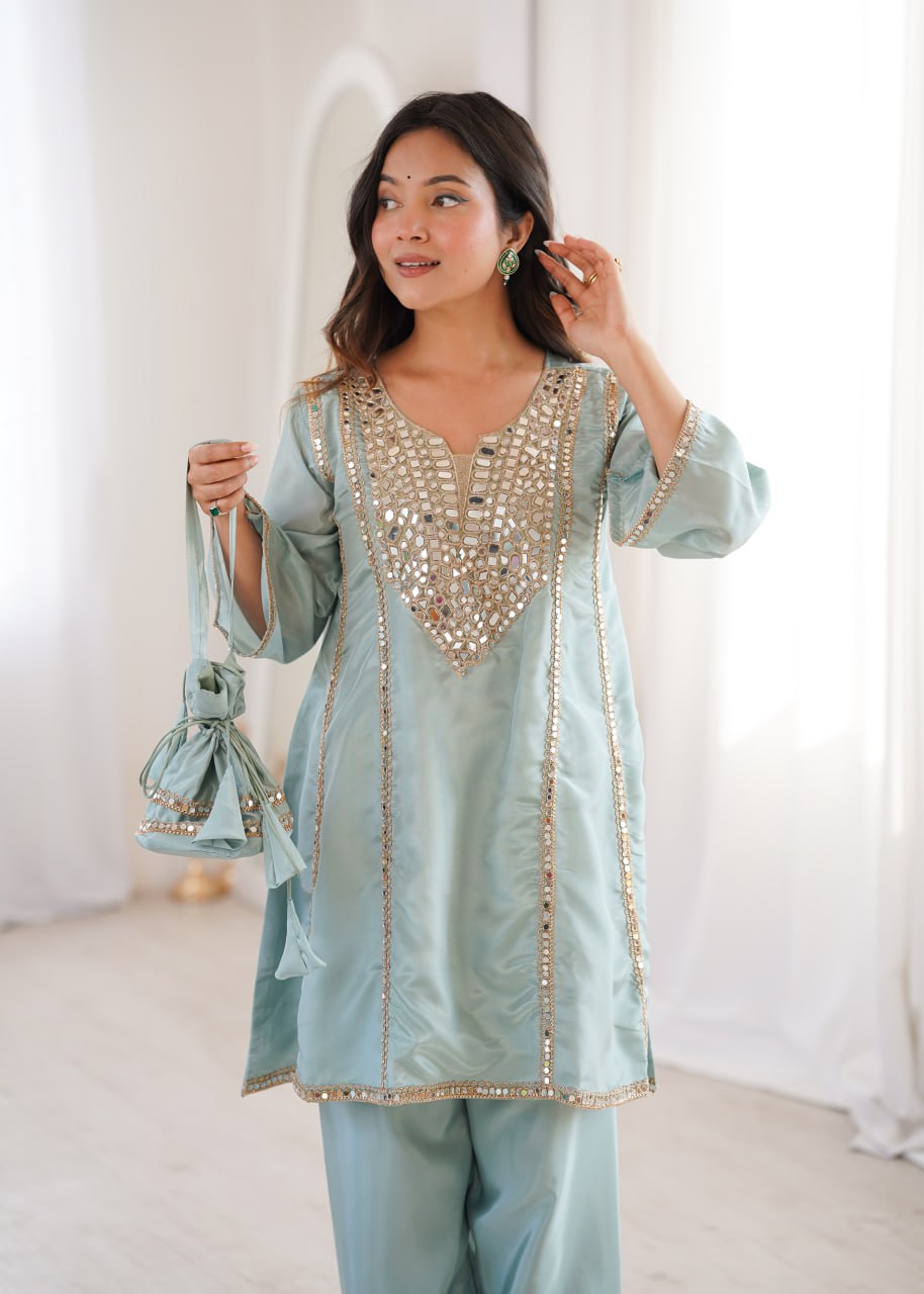 Ready-to-Wear Kurti and Pant Set with Decorative Drawstring Bag - Mirror Embroidered Collection 2026