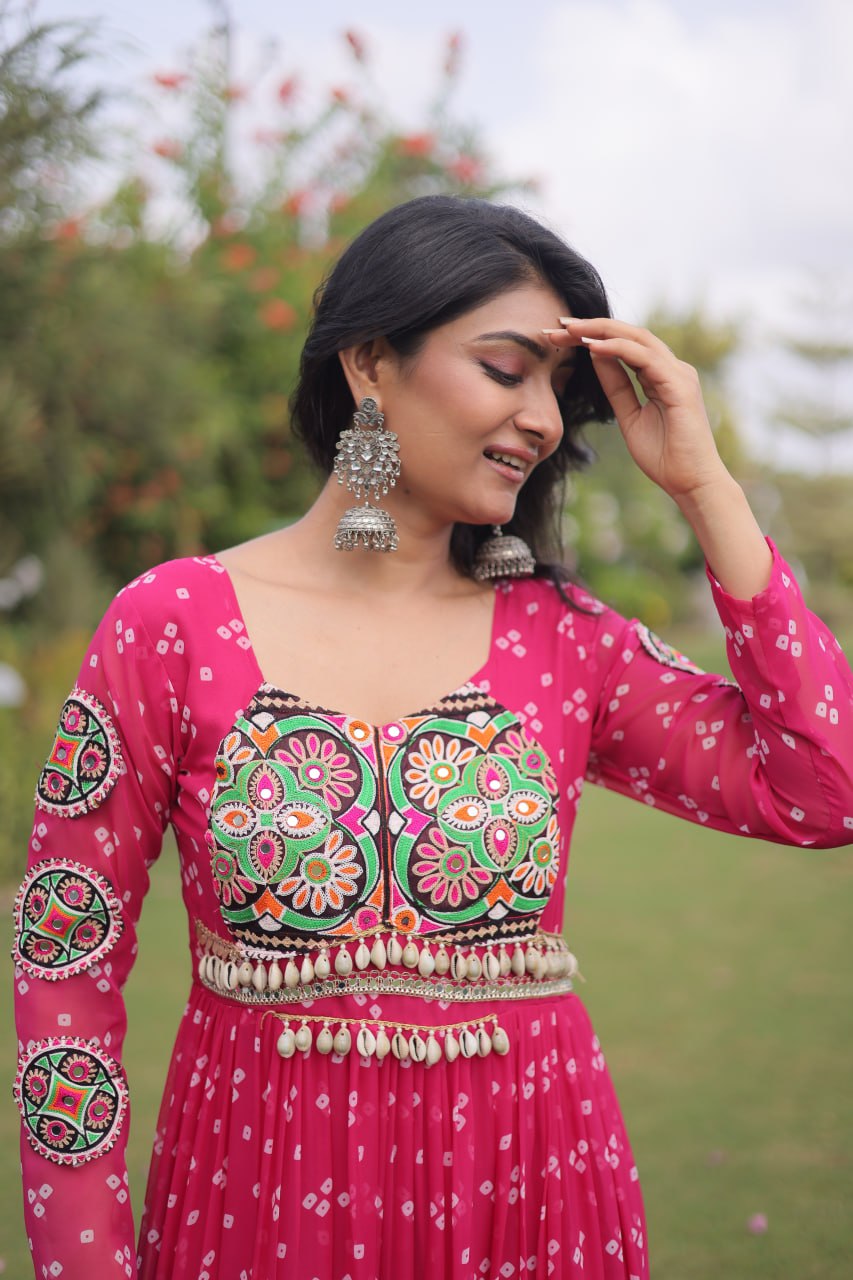 RangBhoomi Bandhani & Kutchi Patchwork Faux Georgette Gown — Full Sleeve, 12m Flair, Cotton Lining