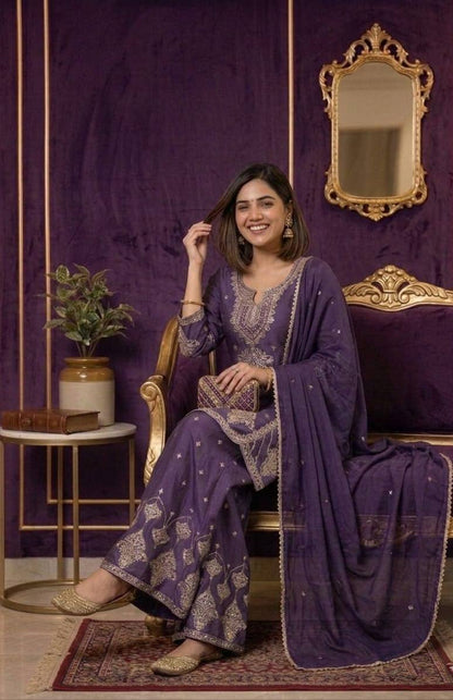 RangBhoomi Designer Wear Festival Exclusive Collection – Premium Embroidered Rangoli Crush Fabric Set with Palazzo and Lace Dupatta