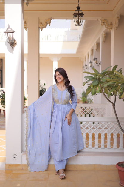 Premium Ready-to-Wear Mal Mal Chanderi Gown Set with Roman Silk Pants and Embroidered Dupatta
