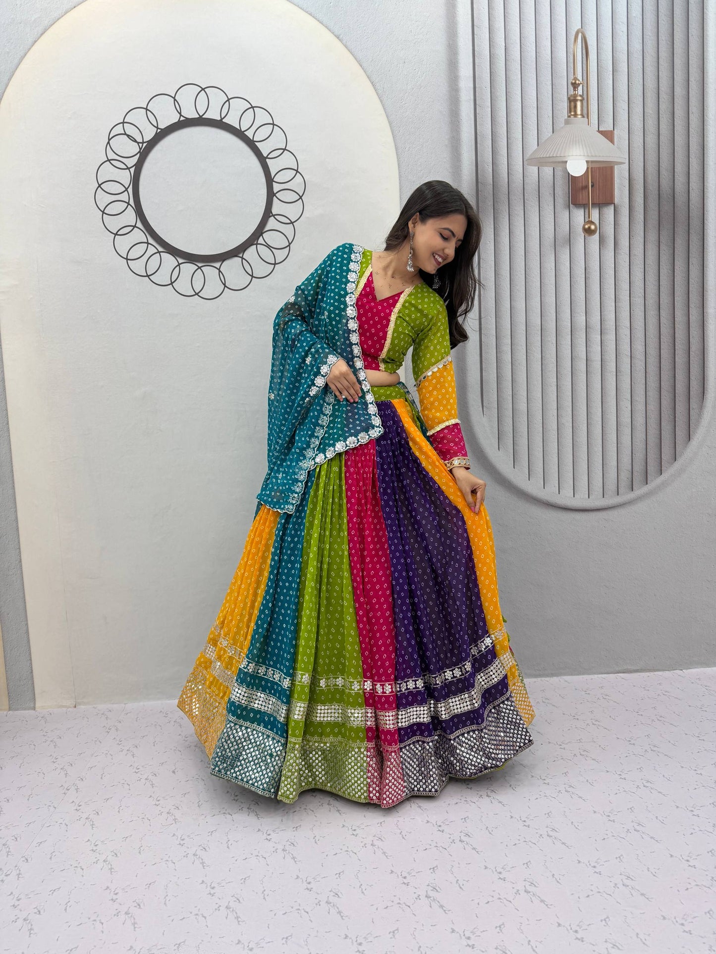 RangBhoomi Navratri Special Georgette Lehenga Choli — 6m Flair, Micro Cotton Inner, Elegant Shivansh Work