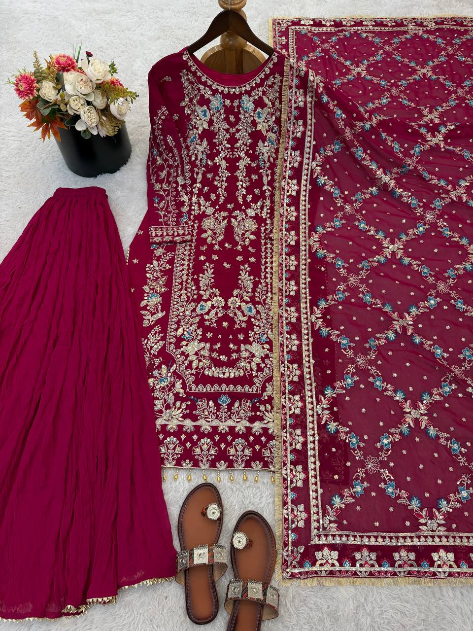 Elegant Ready-to-Wear Designer Set in Faux Georgette with Intricate Heavy Embroidery and Sequins - Fully Stitched Top, Bottom, and Dupatta