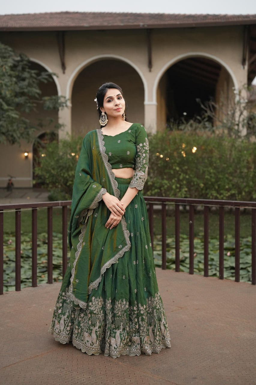 Elegant Olive Green Embroidered Lehenga Set for Festive and Wedding Celebrations