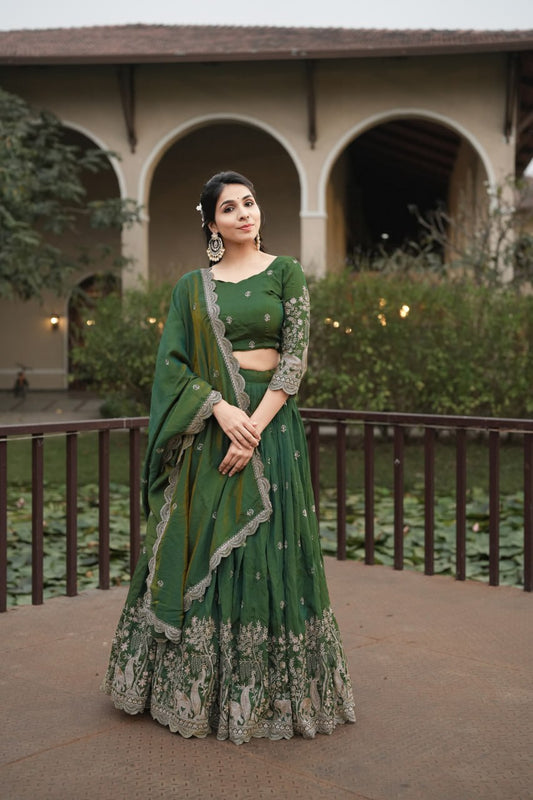 Elegant Olive Green Embroidered Lehenga Set for Festive and Wedding Celebrations