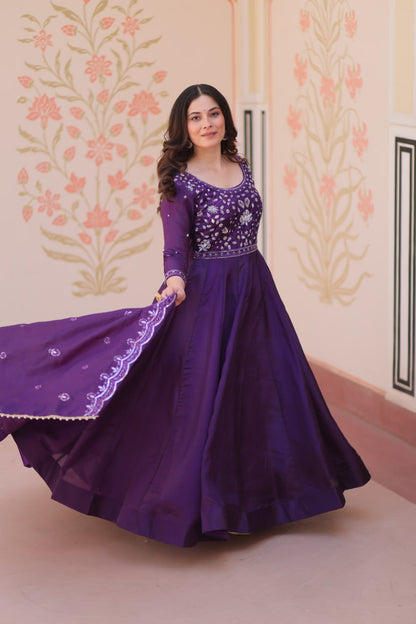 Elegant Gold Crush Embroidered Gown and Designer Dupatta Set