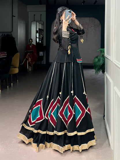 RangBhoomi Navratri 2026 Marble Fabric Festive Lehenga Set with Lace and Cowrie Bell Accents