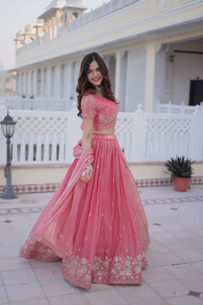 Elegant Lehenga Choli Set with Heavy Sequins and Zari Thread Embroidery in Fendi Silk