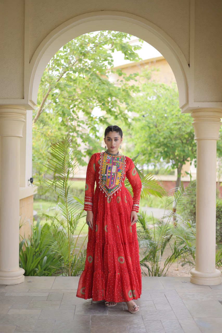 RangBhoomi Bandhani & Kutchi Patchwork Faux Georgette Gown — Navratri Collection 2026