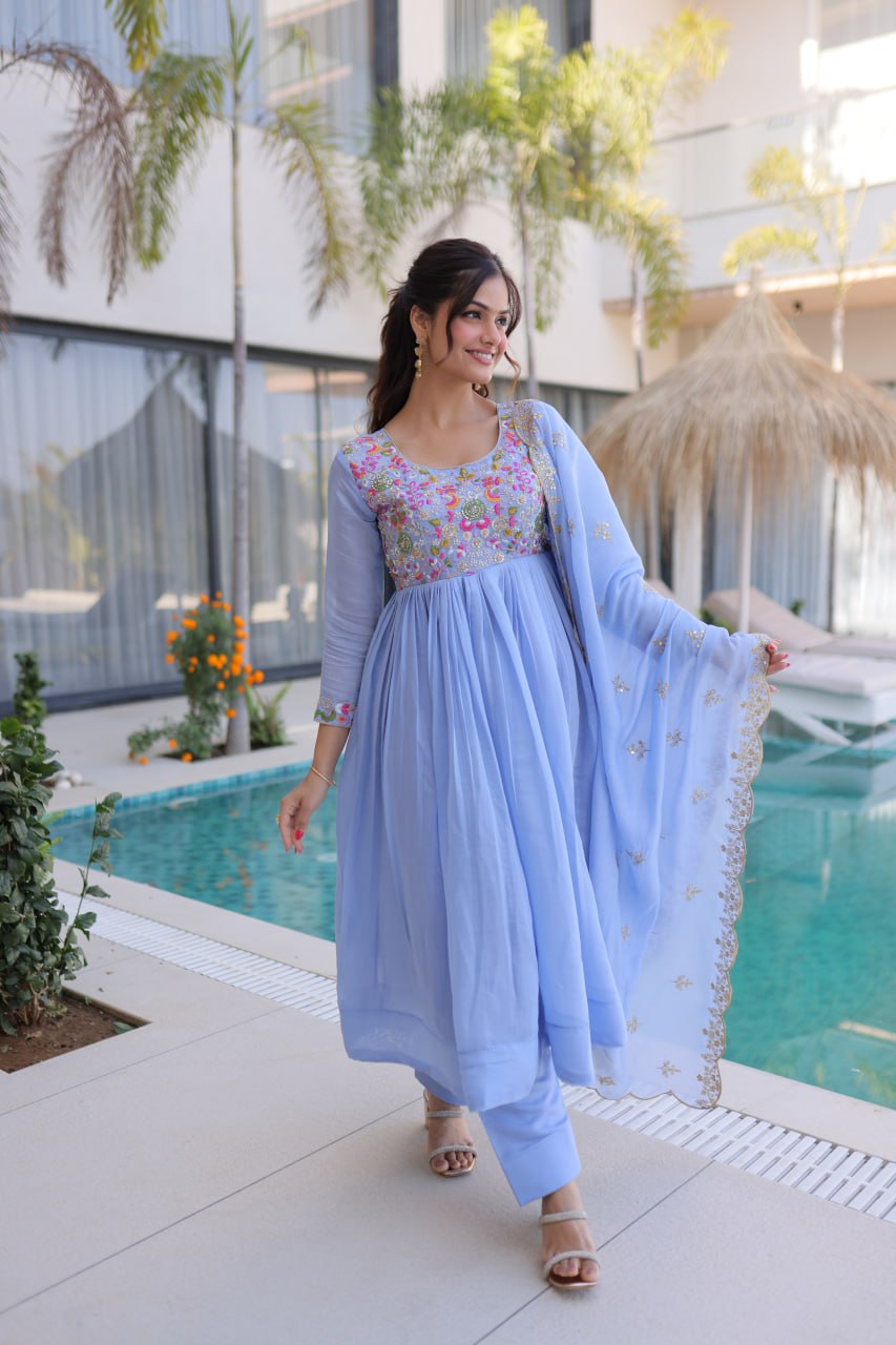 Elegant Premium Ready-to-Wear Gown Set with Pants and Dupatta - Beaded Mal Chanderi Embroidery