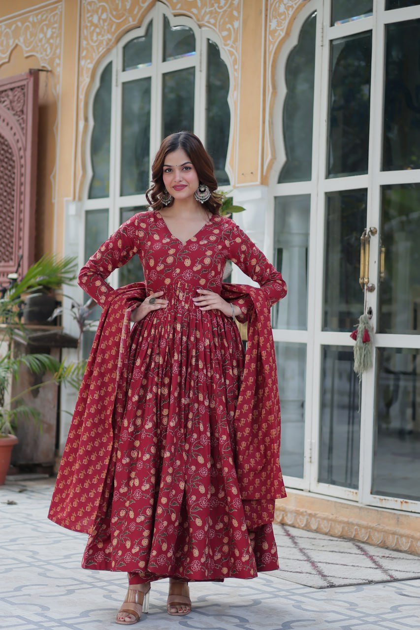 Premium Gown Set: Cotton Kurti, Pant & Dupatta