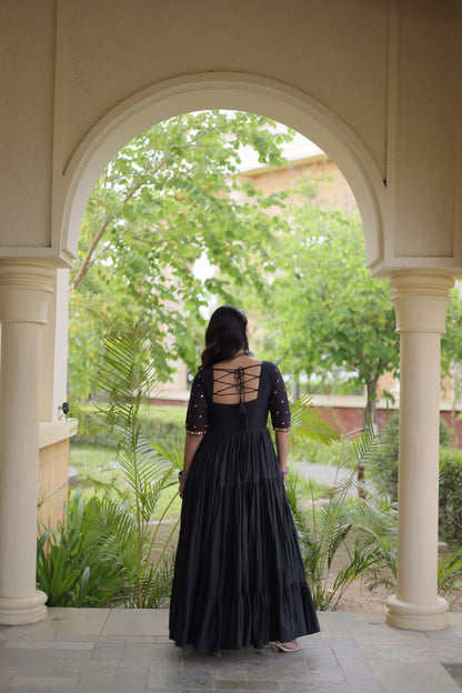 RangBhoomi Navratri Embroidered Kora Cotton Gown — Off-White & Black, 56" Length