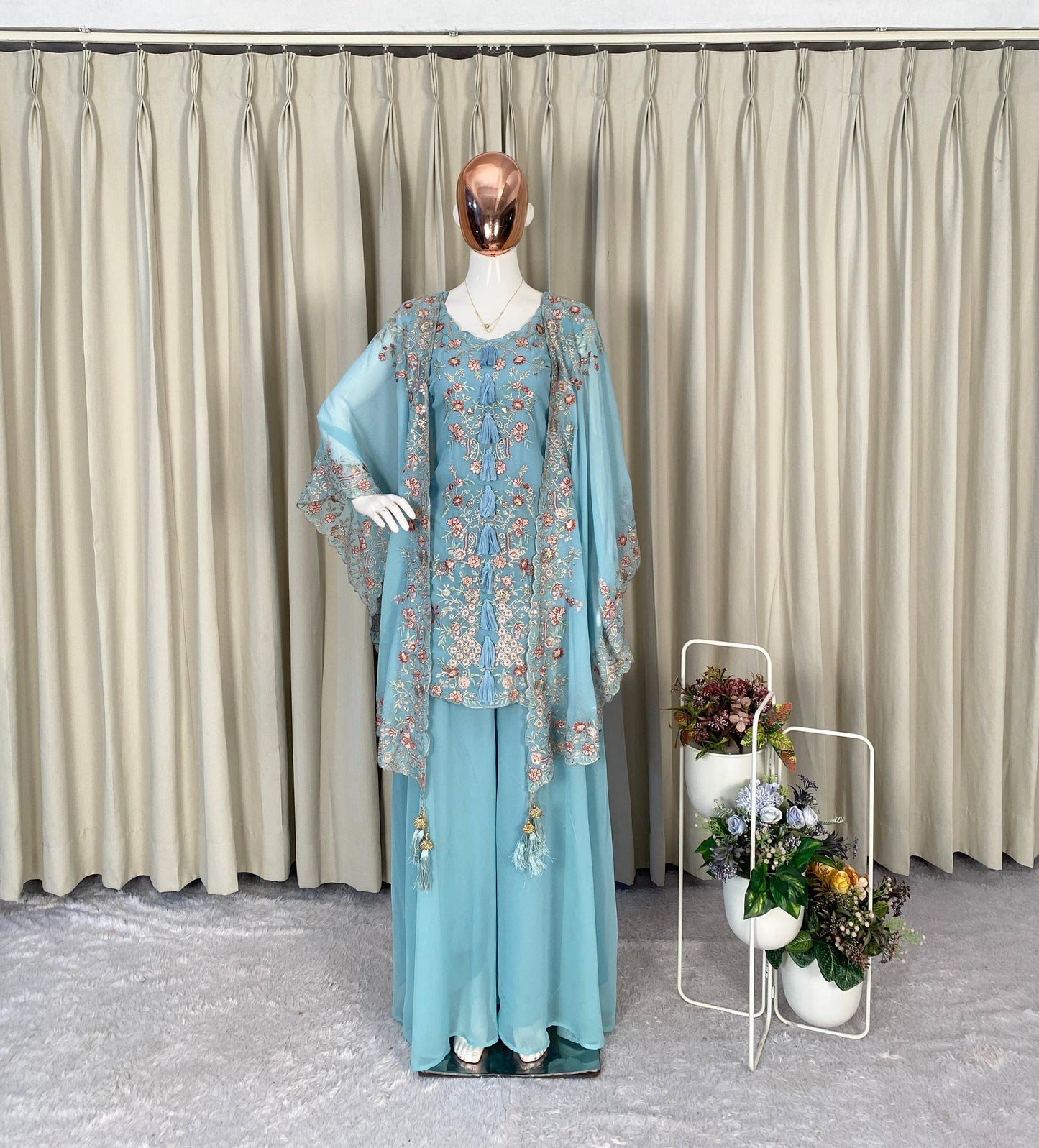 Elegant Designer Kurta and Palazzo Set with Sequined Embroidered Shrug in Luxurious Faux Georgette Fabric