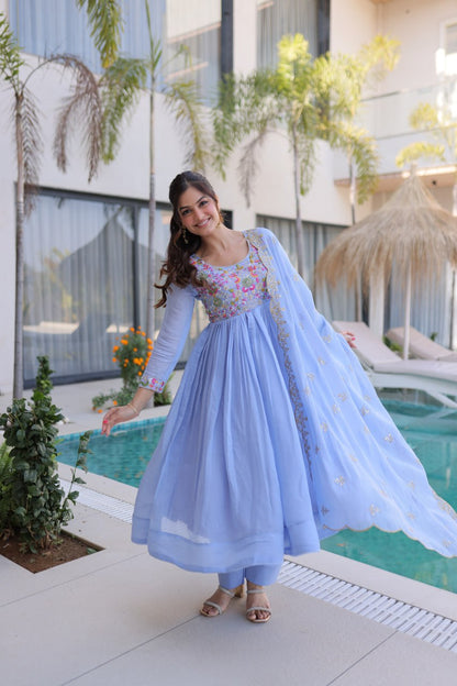Elegant Premium Ready-to-Wear Gown Set with Pants and Dupatta - Beaded Mal Chanderi Embroidery