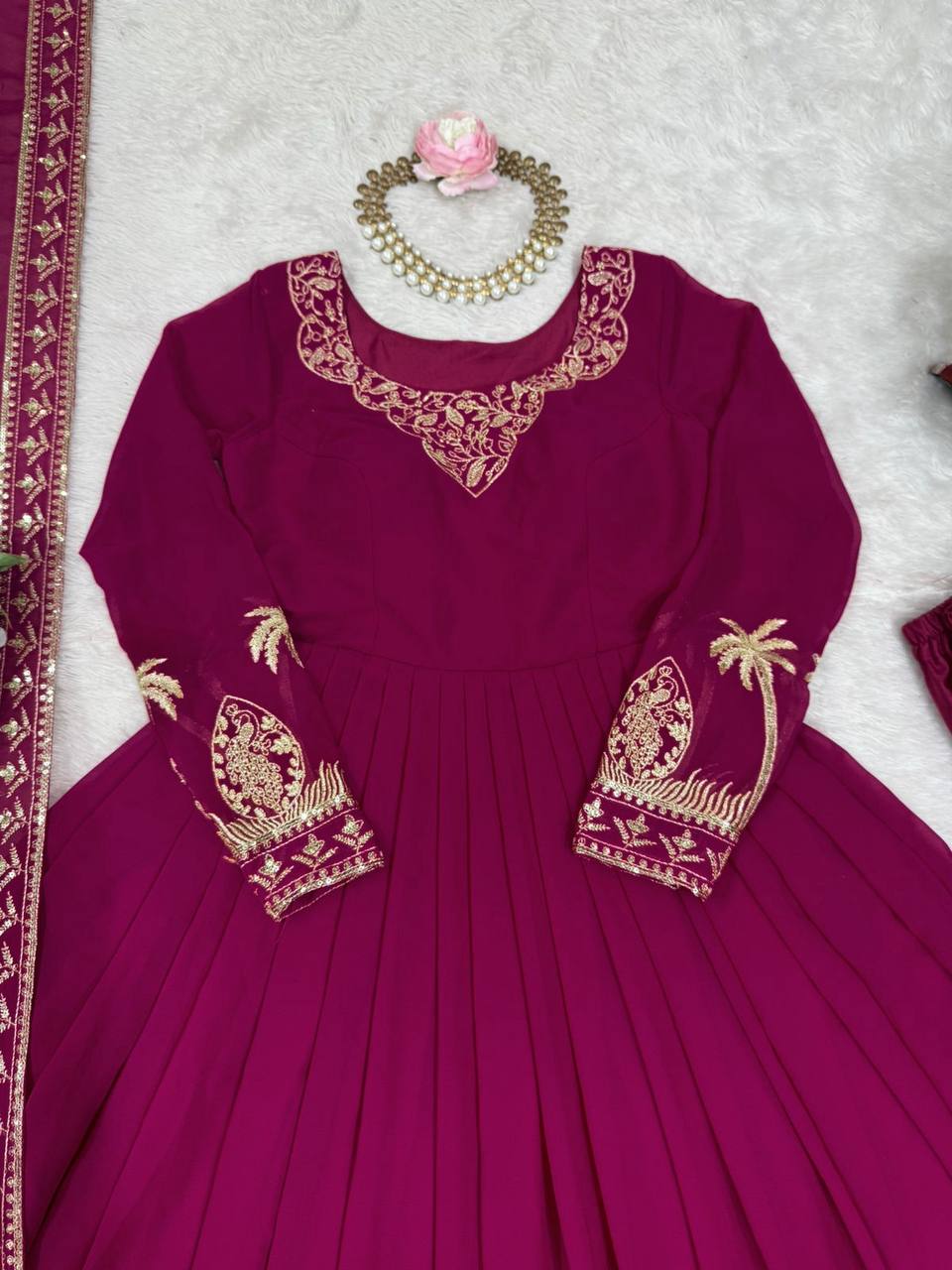 RangBhoomi Elegant SP Series Gown Set with Realistic Modeling - Faux Georgette & Microfiber Fabric, Thread and Sequence Embroidery