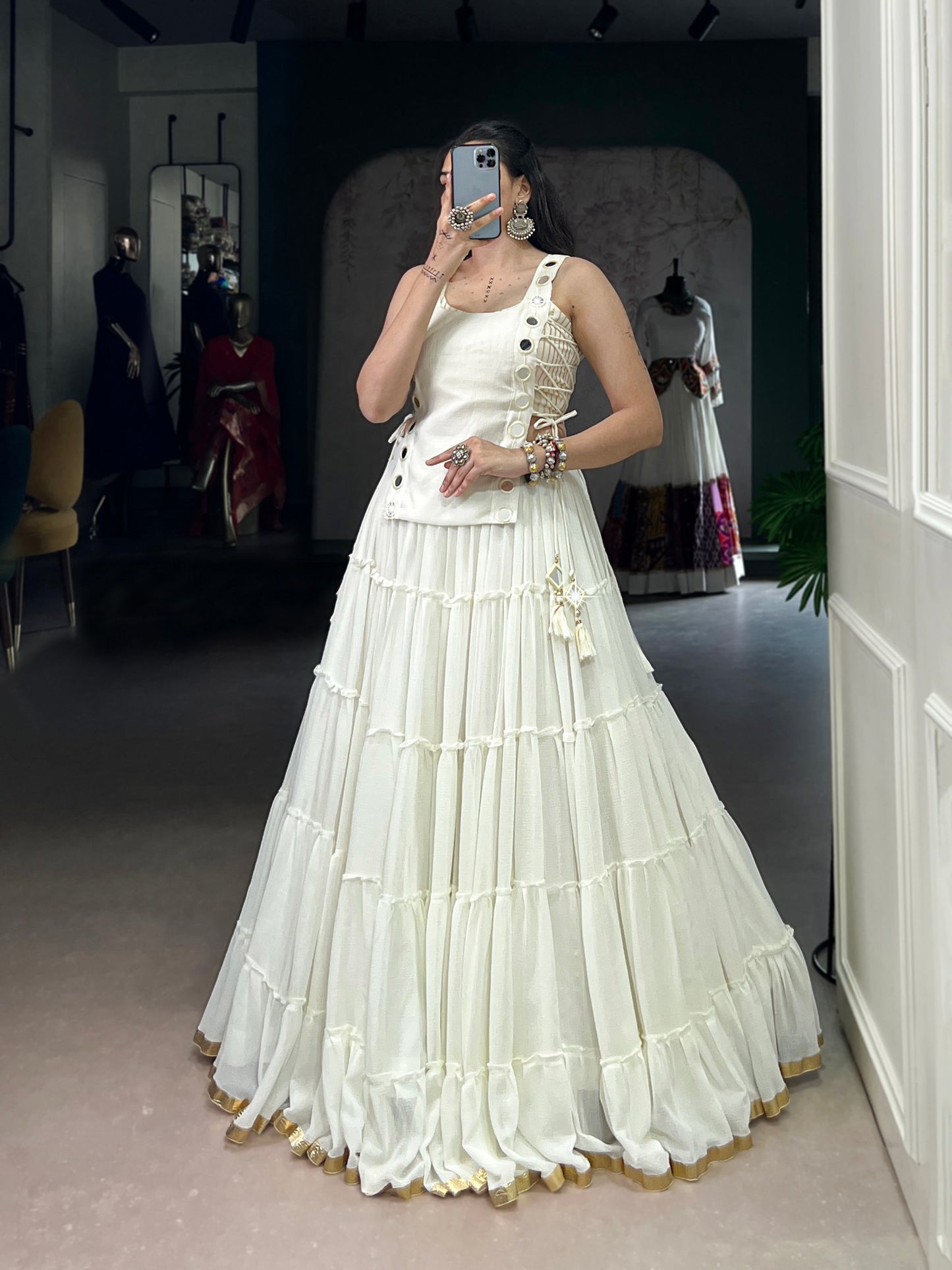 Elegant Navratri Celebration Lehenga Set Crafted from Luxurious Marble Fabric with Embossed Lace, Pure Chanderi Blouse, and Mirror-Work Koti