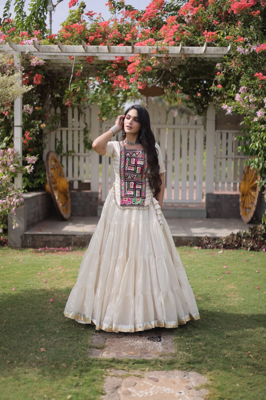 RangBhoomi Navratri 2026 Kora Cotton Full-Stitched Lehenga & Blouse Set — L (40", Adjustable 38–44)