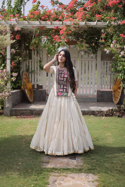RangBhoomi Navratri 2026 Kora Cotton Full-Stitched Lehenga & Blouse Set — L (40", Adjustable 38–44)