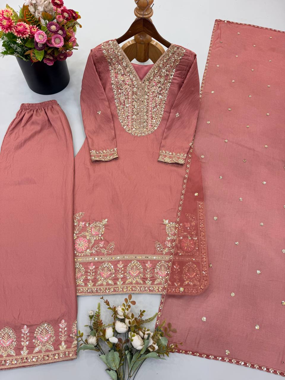 RangBhoomi Designer Ronald Silk Heavy Embroidery Sequence Work Top-Bottom and Dupatta Set — Fully Stitched Ready to Wear