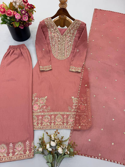 RangBhoomi Designer Ronald Silk Heavy Embroidery Sequence Work Top-Bottom and Dupatta Set — Fully Stitched Ready to Wear