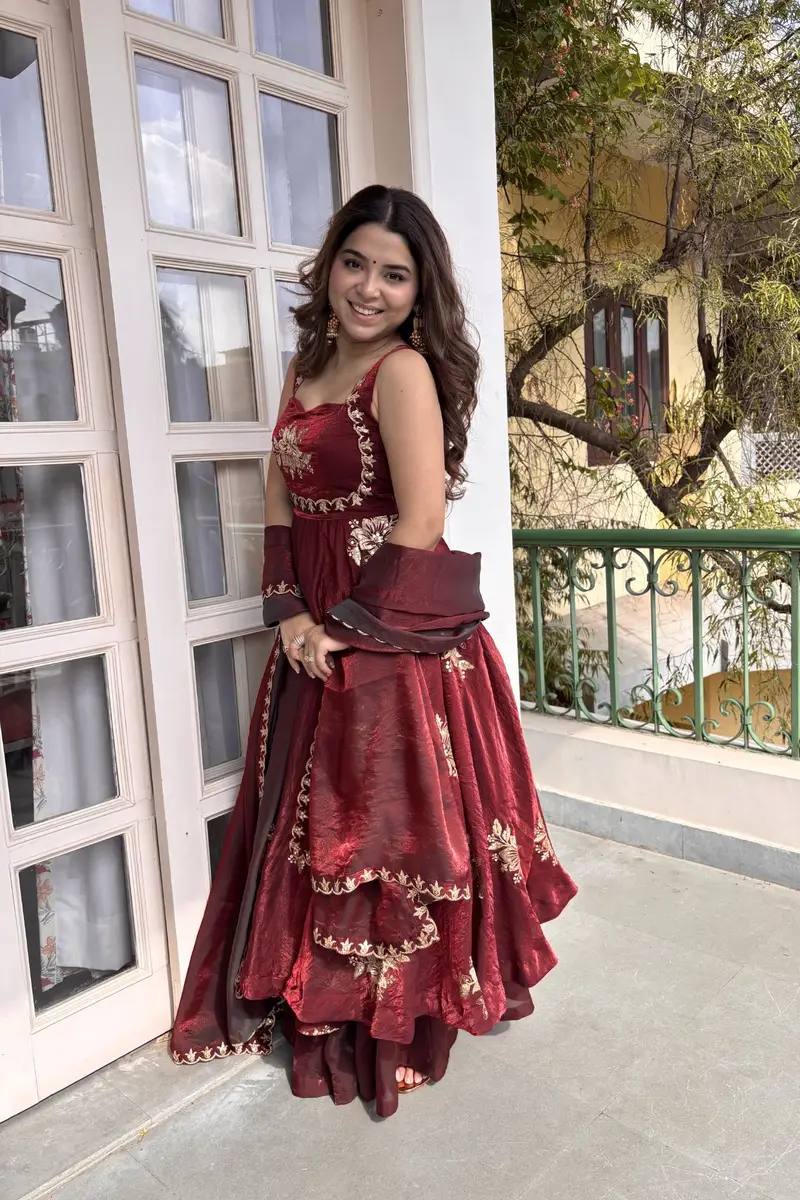 Elegant Party Wear Fendi Satin Gown Set with Dupatta and Pants Featuring 3mm Metallic Sequins and Intricate Zari Embroidery
