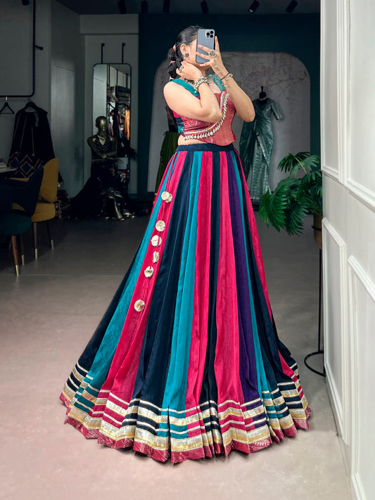RangBhoomi Navratri Collection 2026 Multicolor Chinon Lehenga with Zari Blouse & Tassel Details