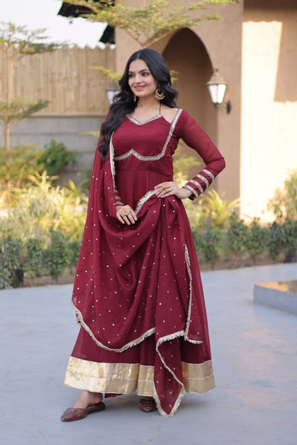 RangBhoomi Silver Mirror Lace Gown with Dupatta - Elegant Occasion Wear