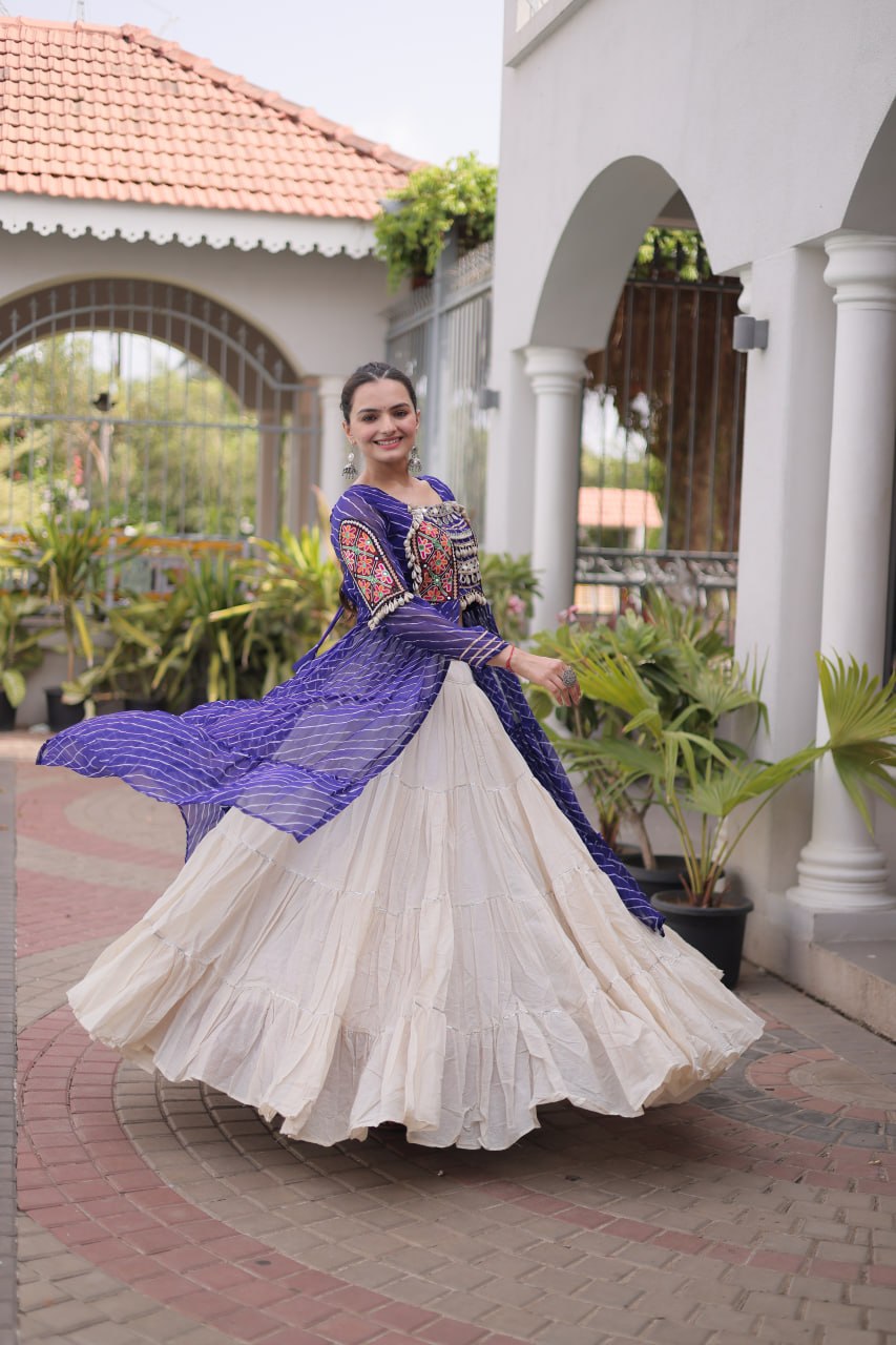 RangBhoomi Kora Cotton Lehenga & Faux Georgette Kurti Set - Full-Stitched, Frilled Lehenga, Laheriya Print Kurti
