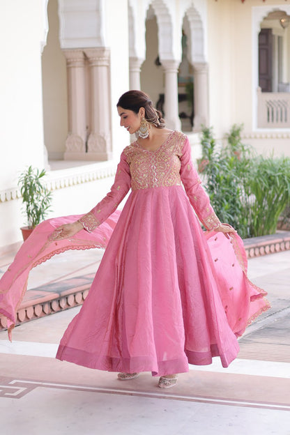 RangBhoomi Premium Ready-Made Gown and Dupatta Set with Elegant Gold Embroidery