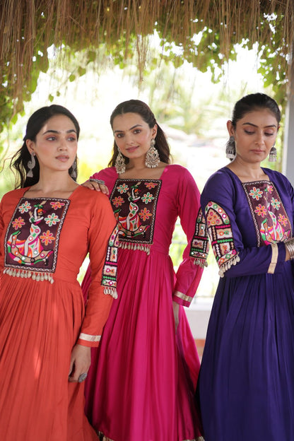 RangBhoomi Navratri Gown Collection 2026 — 14KG Rayon Kutchi Gamthi Thread Work, 12m Flair
