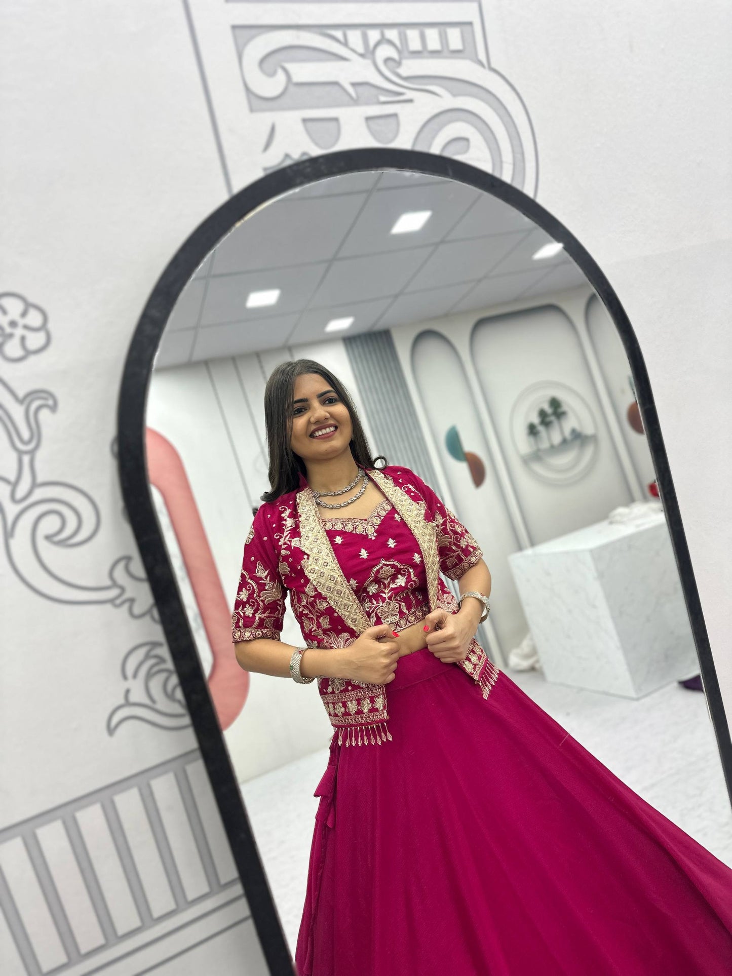 RangBhoomi Festival Special Embroidered Chinon Crop Top Set with Lehenga and Jacket