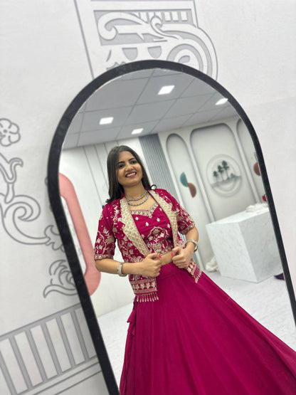 RangBhoomi Festival Special Embroidered Chinon Crop Top Set with Lehenga and Jacket
