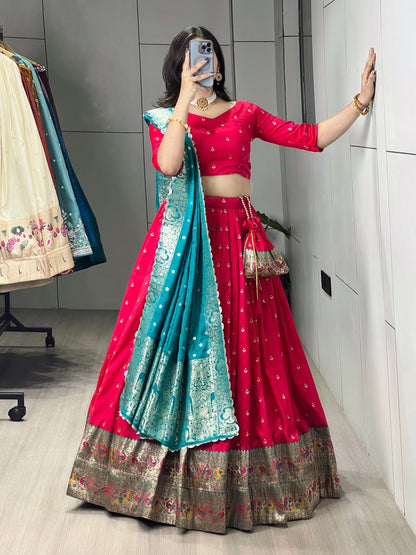 Elegant Paithani Silk Lehenga Choli with Vibrant Colorful Motifs and Iconic Zari Border