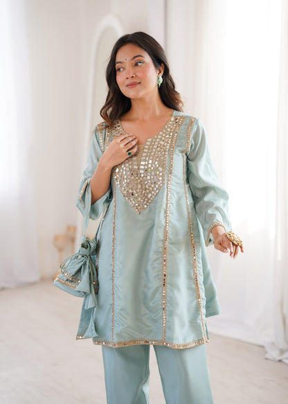 Ready-to-Wear Kurti and Pant Set with Decorative Drawstring Bag - Mirror Embroidered Collection 2026