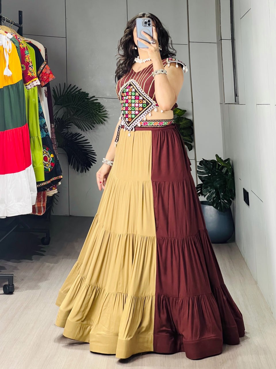 RangBhoomi Classic Chocolate Two-Tone Chaniya Choli — Mirror Work Lehenga Set