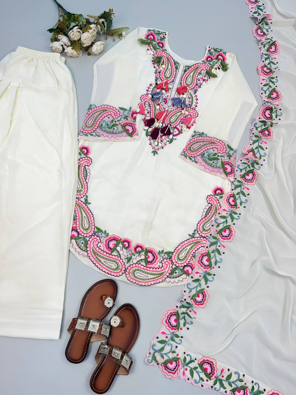 Elegant Women’s Ethnic Ensemble in Premium Heavy Georgette with Embroidered Threadwork, Fully Stitched and Ready to Wear