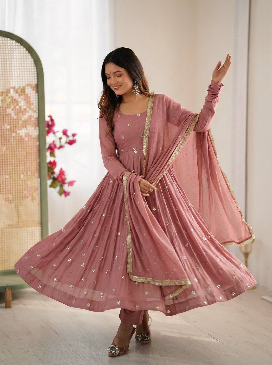 Elegant Ready-to-Wear Designer Gown and Dupatta Set in Roman Silk with Exquisite Embroidery