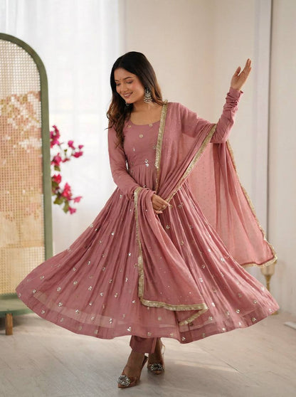 Elegant Ready-to-Wear Designer Gown and Dupatta Set in Roman Silk with Exquisite Embroidery