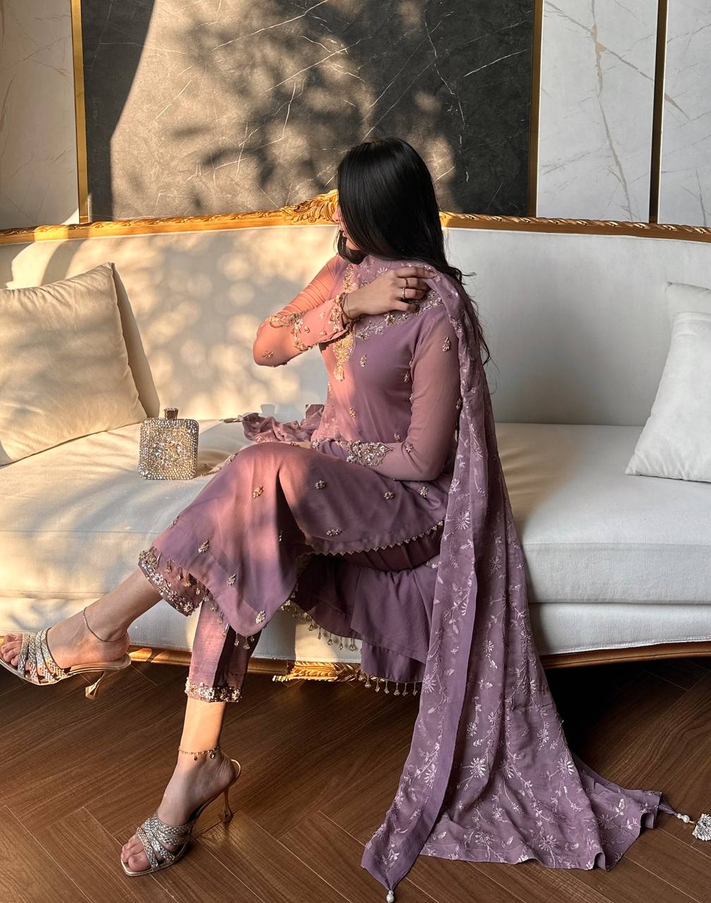 Embroidered Sequined Faux Georgette Top, Bottom, and Dupatta Set – Fully Stitched and Ready to Wear