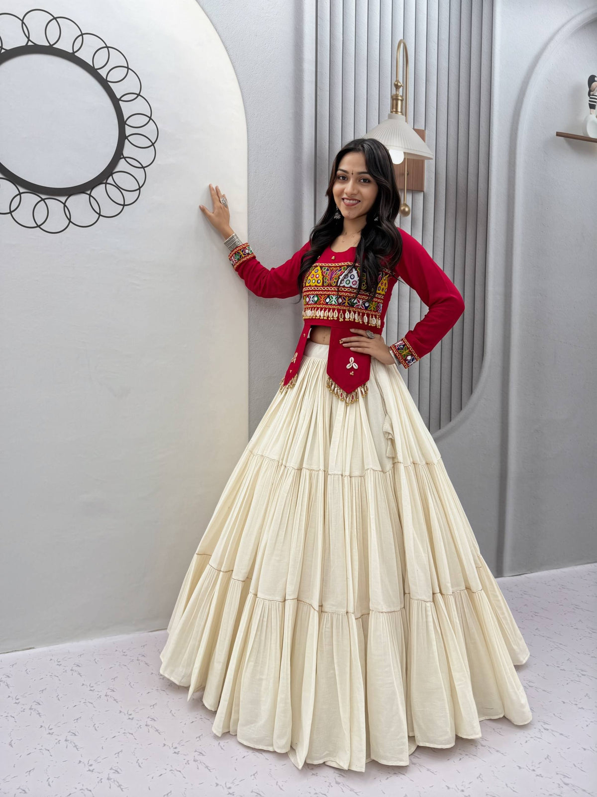 RangBhoomi Navratri Hand-Work 9m Flair Lehenga Choli - Pure Cotton Top & Kora Cotton Skirt