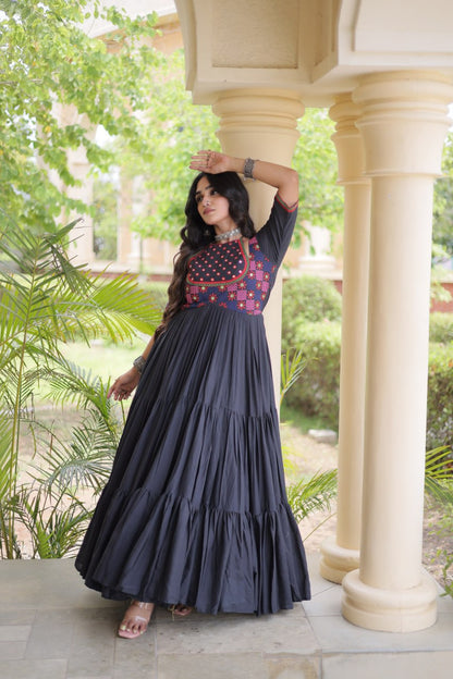 RangBhoomi Navratri Embroidered Kora Cotton Gown — 54" Festive Flair