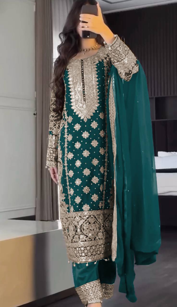 New Collection Faux Georgette Ensemble with Intricate Heavy Embroidery, Sequin Detailing, and Fully Stitched Ready-to-Wear Top, Bottom, and Dupatta Set