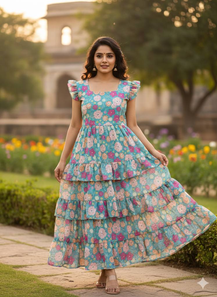 Elegant floral maxi dress with square neckline and ruffled sleeves