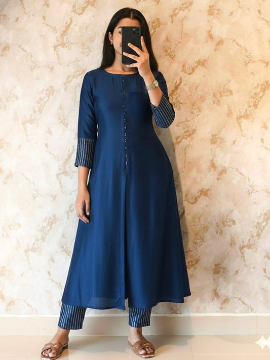 Elegant A-line Kurta Set in Luxurious Blooming Vichitra Silk