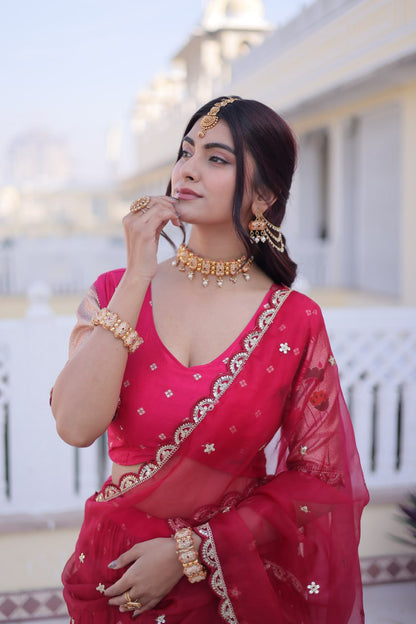 Elegant Three-Piece Traditional Lehenga Choli Set with Dupatta in Pink and Wine