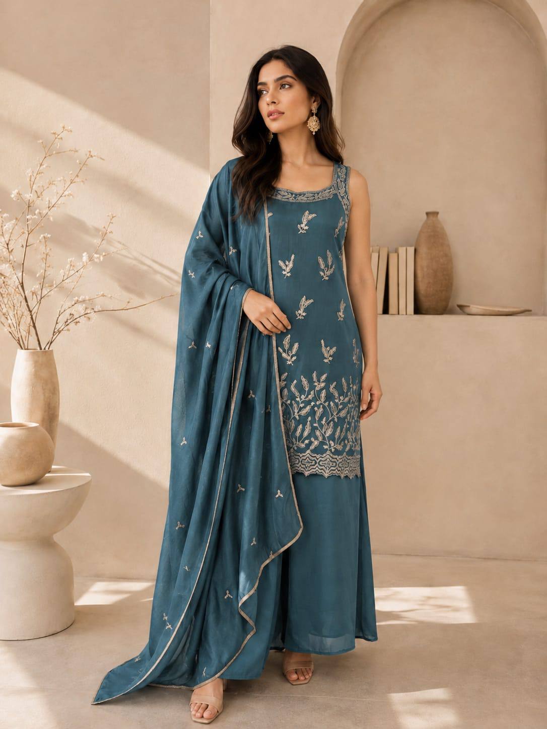 Designer Fusion Style Luxury Edition Women's Ethnic Ensemble – Vichitra Silk Embroidered Top, Palazzo, and Heavy Lace Dupatta