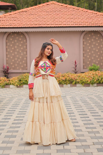 Navratri Special Gamthi Embroidery Lehenga Choli with Mirror and Ribbon Lace – Pure Cotton, Fully Stitched, 9 Meter Flair