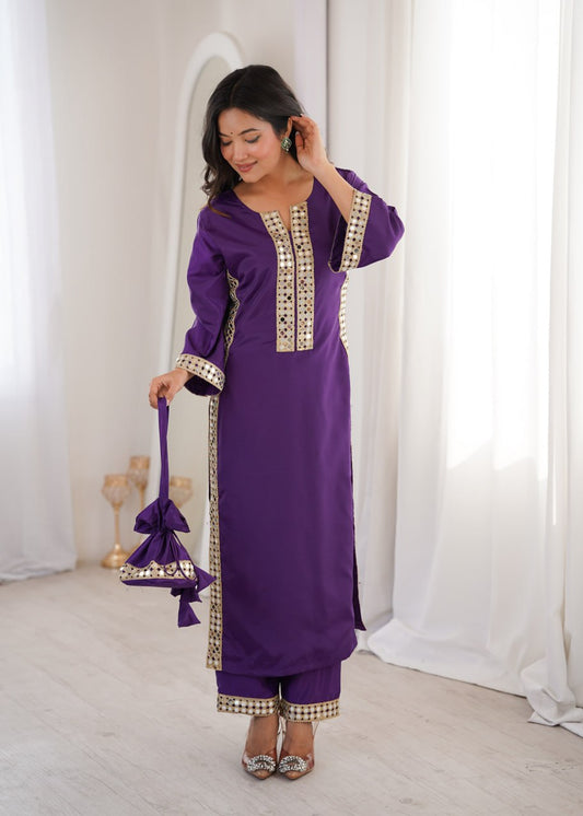 Ready-to-Wear Kurti and Pants Set with Decorative Mirror Work Purse