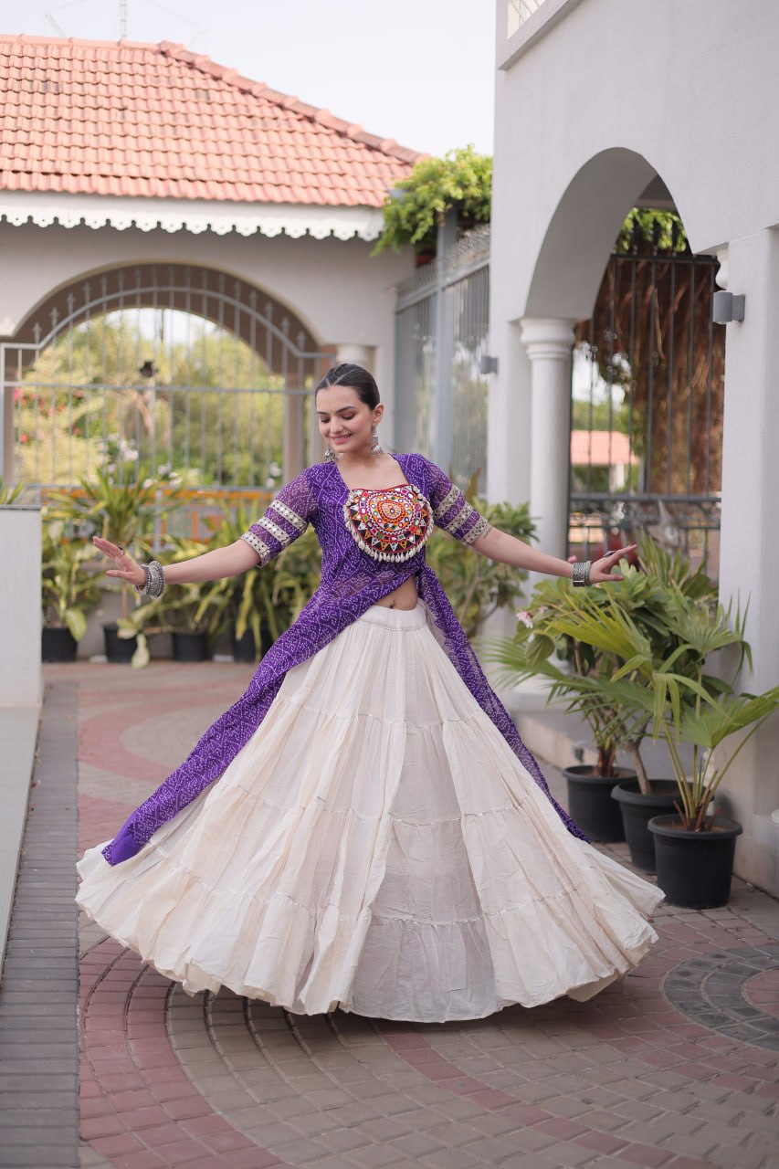RangBhoomi Navratri 2026 Bandhani Lehenga Set — Full-Stitched Kora Cotton Lehenga with Faux Georgette Kurti