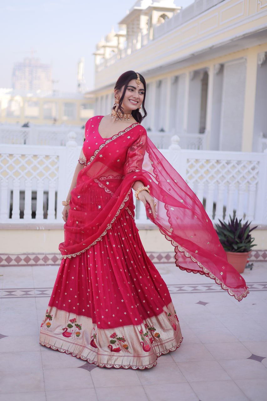 Elegant Three-Piece Traditional Lehenga Choli Set with Dupatta in Pink and Wine