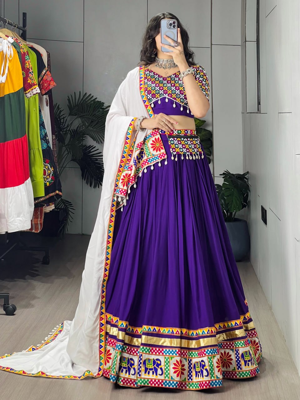 RangBhoomi Traditional Gamthi Mirror Work Lehenga Choli – 6m Grand Flair with White Dupatta